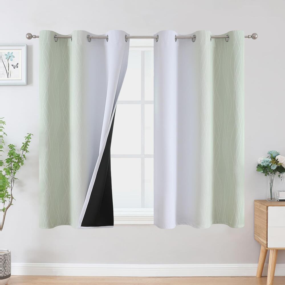 Blackout Curtains Grommet Top Sage Green Wave Pattern Pair Thermal Insulated